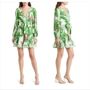 Milly Green and Pink Long Sleeve Dress - Tropical Monstera Leaf Pattern